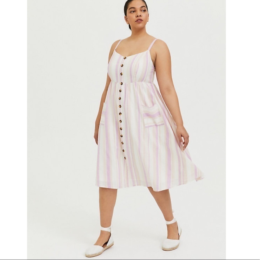 Torrid 4 MULTI STRIPE LINEN BUTTON MIDI DRESS - Picture 1 of 10